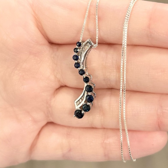 10K Sapphire Diamond Journey channel swirl natural dark blue white gold pendant - Picture 6 of 11